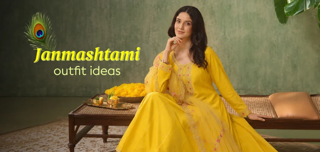 Best traditional Janmashtami outfits for 2026 featuring sarees, lehengas, ethnic suits, kurtas, and festive accessories.